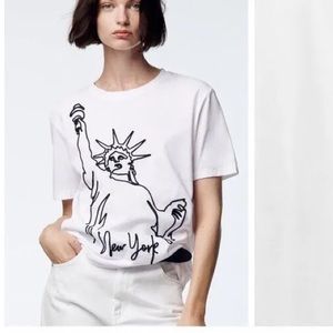 NWT ZARA NEW YORK STITCHED STATUE OF LIBERTY T SHIRT L